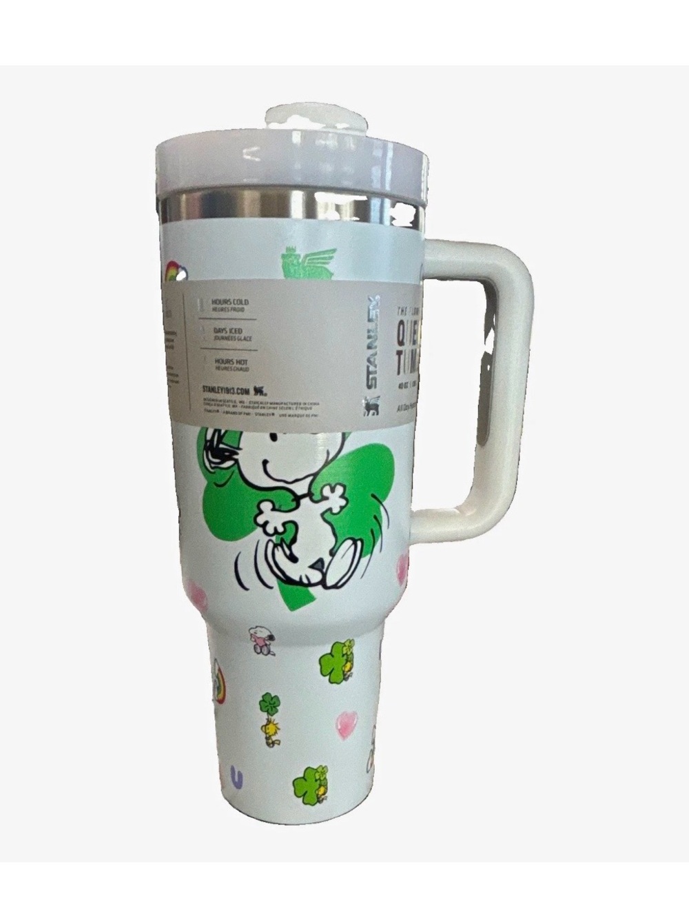 Stanley Insulated Travel Mug with Snoopy & Green Shamrock Design